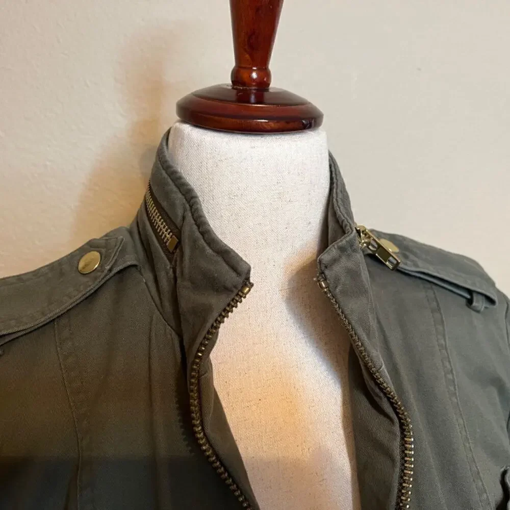 Apostrophe utility jacket khaki green cotton fully lined 3/4 sleeve pockets Sz S